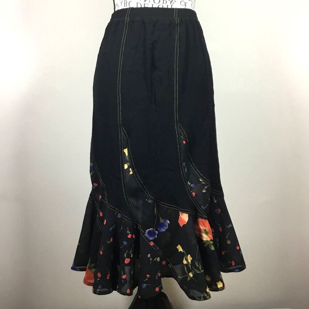 Beautiful romantic floaty black skirt with floral sz S elastic waist 25”-30”
